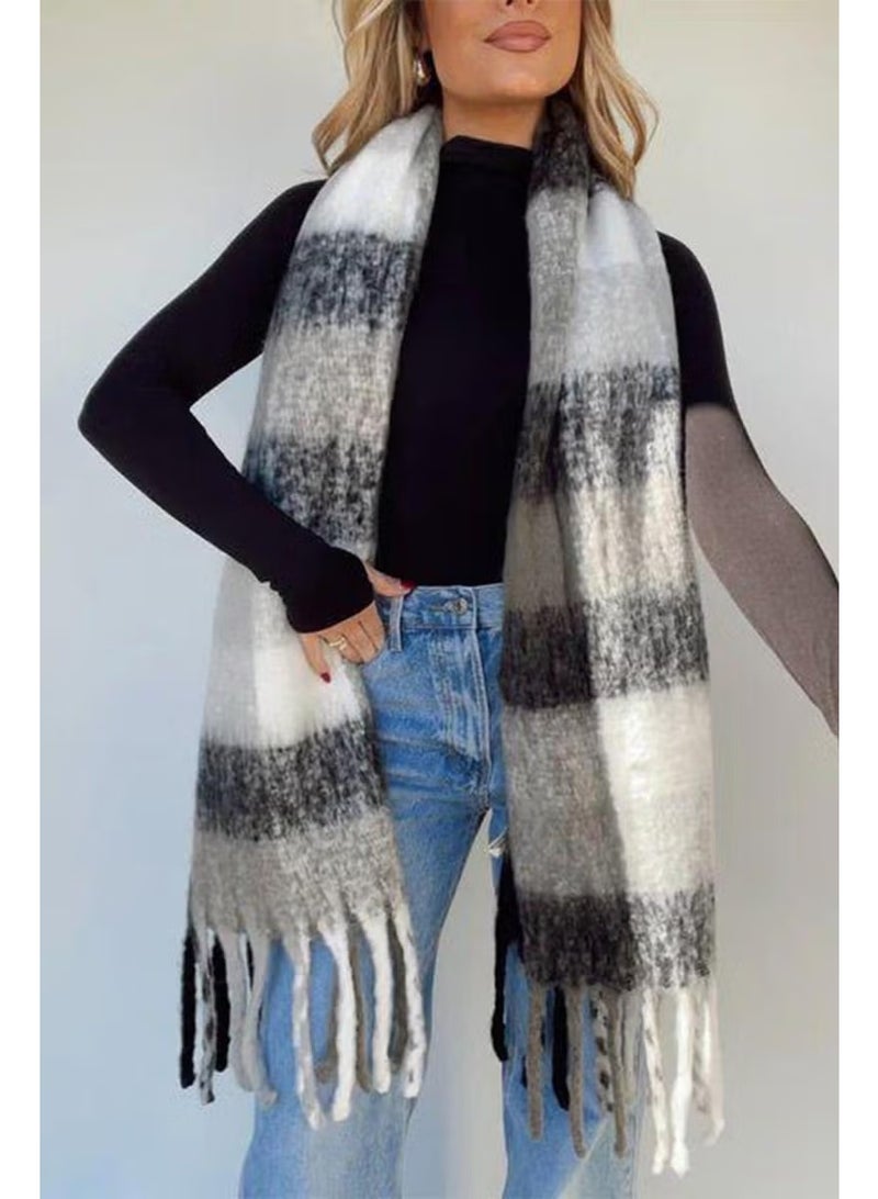Bahels Imported Puffy Black and White Square Patterned Scarf Shawl Shoulder Shawl - Image 1